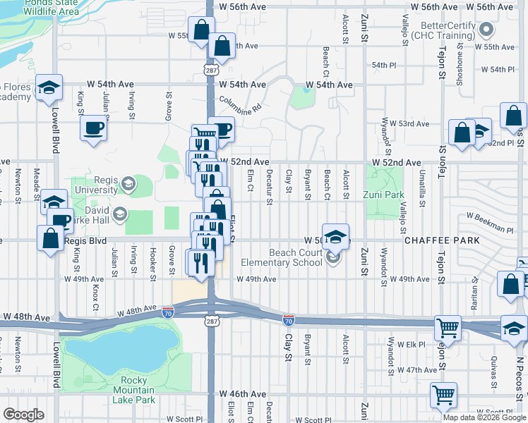 map of restaurants, bars, coffee shops, grocery stores, and more near 5080 Elm Court in Denver