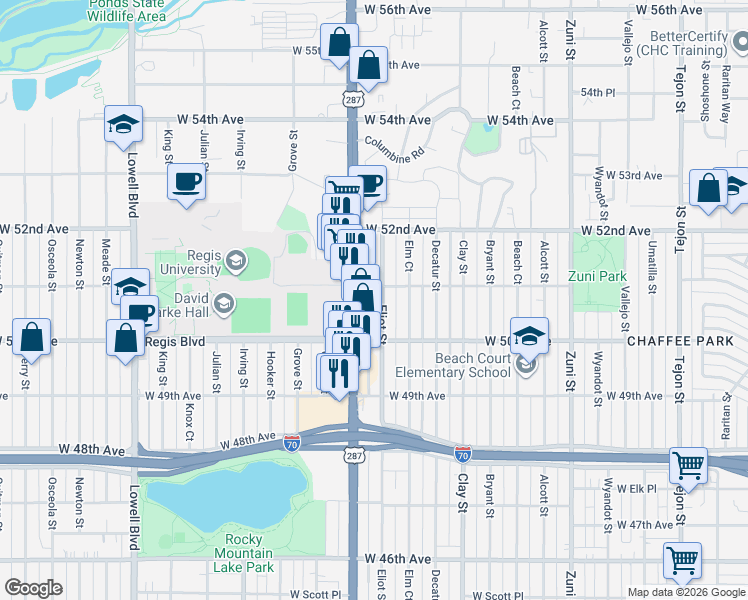 map of restaurants, bars, coffee shops, grocery stores, and more near 5095 Eliot Street in Denver