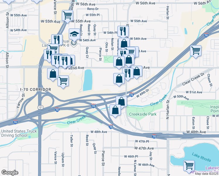 map of restaurants, bars, coffee shops, grocery stores, and more near 6681 West 51st Avenue in Arvada