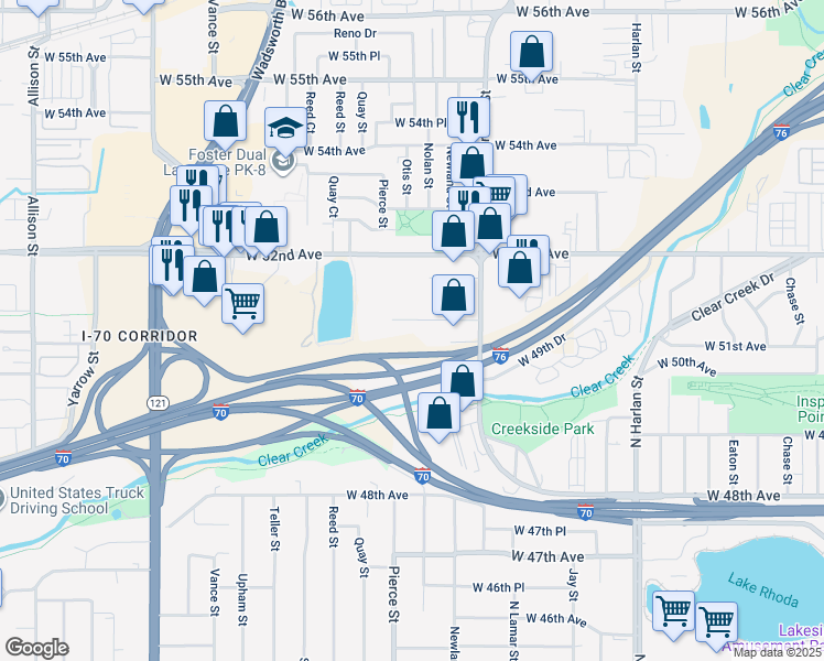 map of restaurants, bars, coffee shops, grocery stores, and more near 6792 West 51st Avenue in Arvada