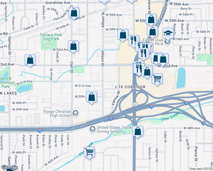 map of restaurants, bars, coffee shops, grocery stores, and more near 7995 West 51st Avenue in Arvada