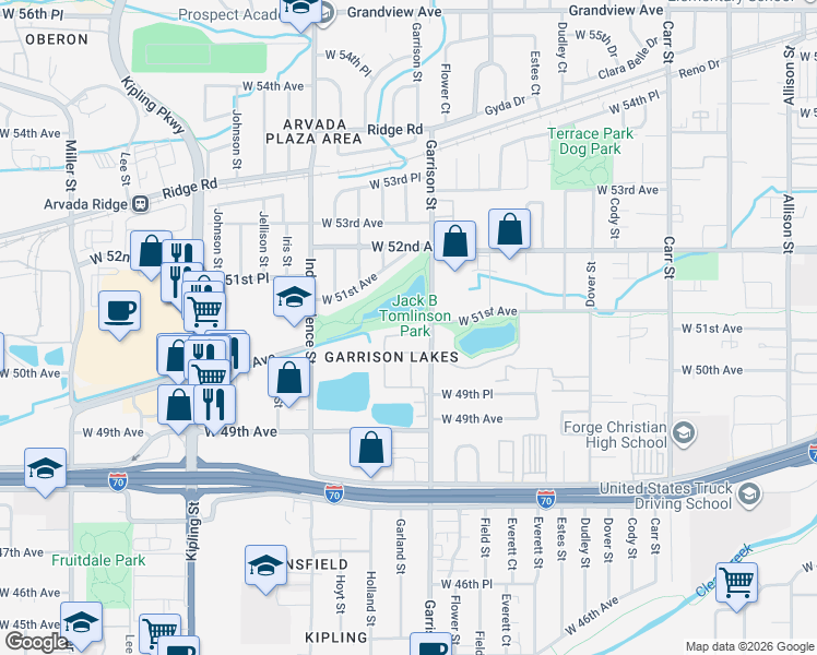 map of restaurants, bars, coffee shops, grocery stores, and more near 5099 Garrison Street in Wheat Ridge