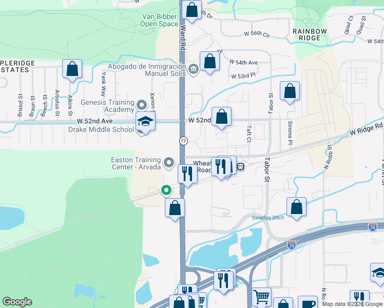 map of restaurants, bars, coffee shops, grocery stores, and more near 5101 Vivian Street in Wheat Ridge
