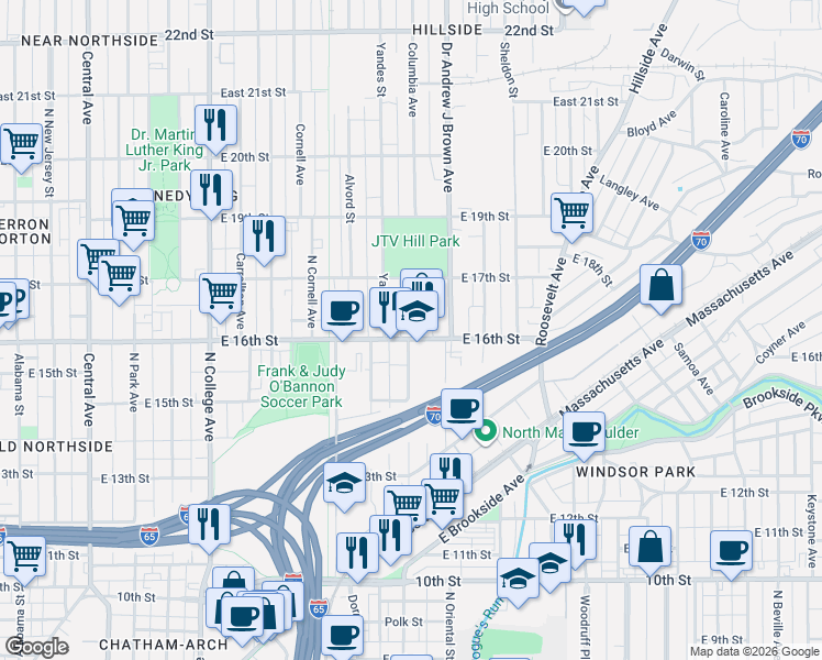 map of restaurants, bars, coffee shops, grocery stores, and more near 1617 Yandes Street in Indianapolis