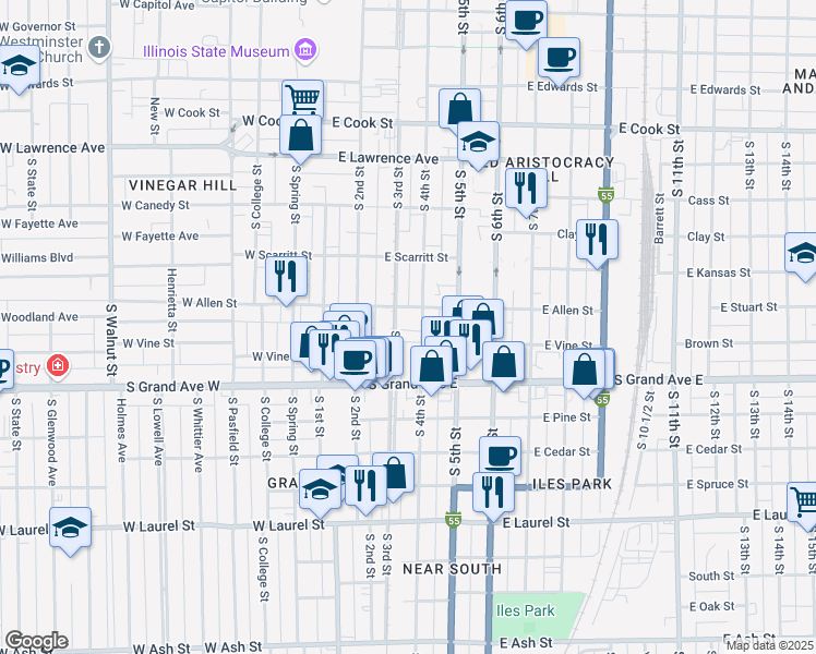 map of restaurants, bars, coffee shops, grocery stores, and more near 1100-1198 South 3rd Street in Springfield