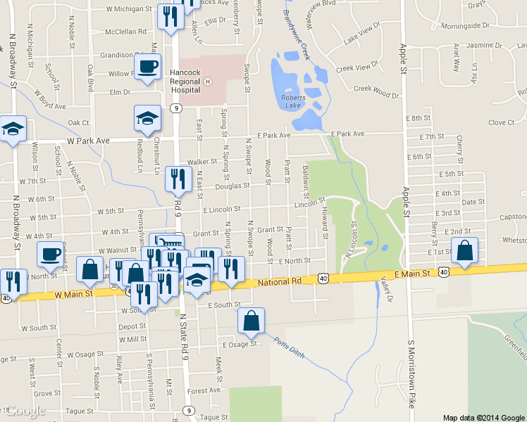 map of restaurants, bars, coffee shops, grocery stores, and more near 330 Wood Street in Greenfield