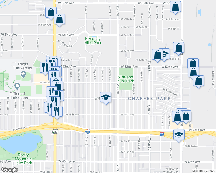 map of restaurants, bars, coffee shops, grocery stores, and more near 5075 Alcott Street in Denver