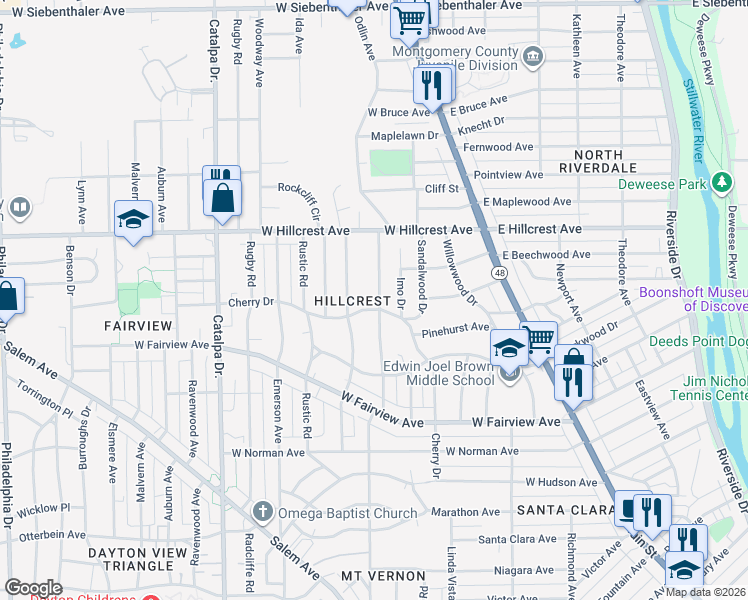 map of restaurants, bars, coffee shops, grocery stores, and more near 211 Valleyview Drive in Dayton