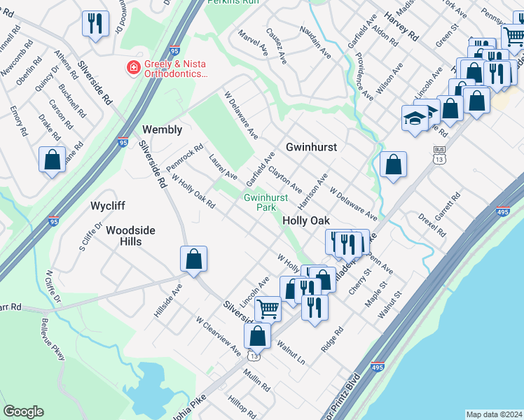 map of restaurants, bars, coffee shops, grocery stores, and more near 1801 Grant Avenue in Wilmington