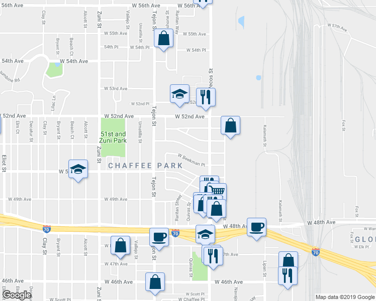 map of restaurants, bars, coffee shops, grocery stores, and more near 1830 West 51st Avenue in Denver
