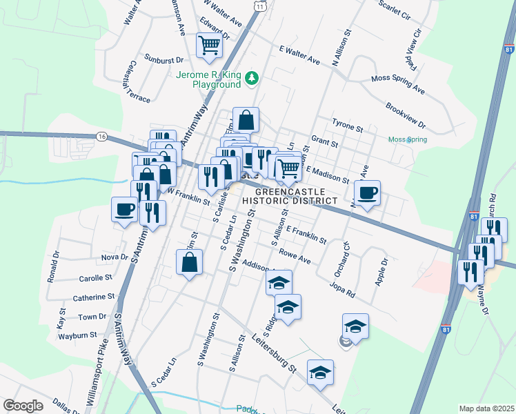 map of restaurants, bars, coffee shops, grocery stores, and more near 60 South Washington Street in Greencastle