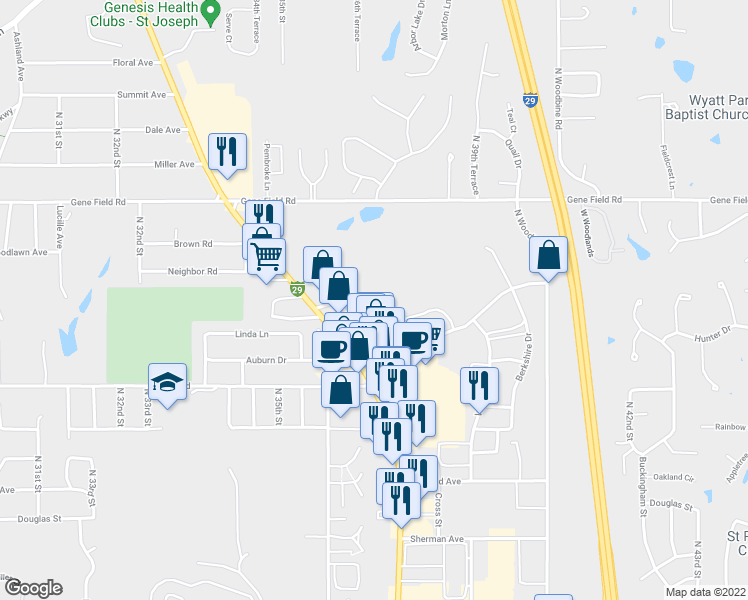map of restaurants, bars, coffee shops, grocery stores, and more near 3713 Woodlawn Terrace in Saint Joseph