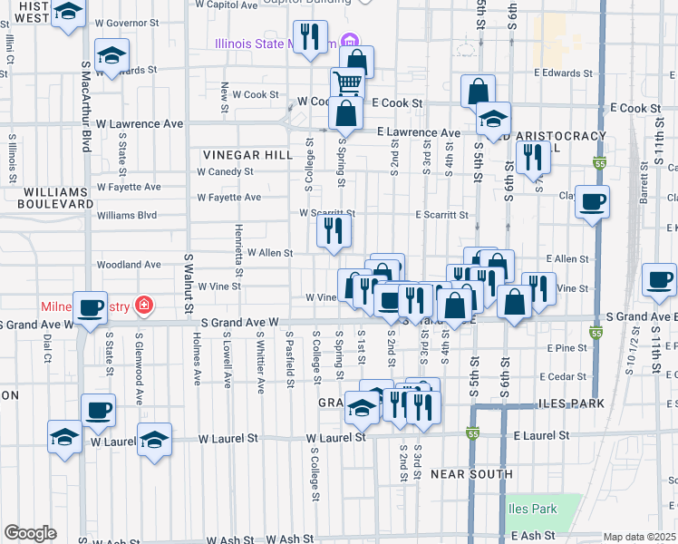 map of restaurants, bars, coffee shops, grocery stores, and more near 1121 Spring Street in Springfield