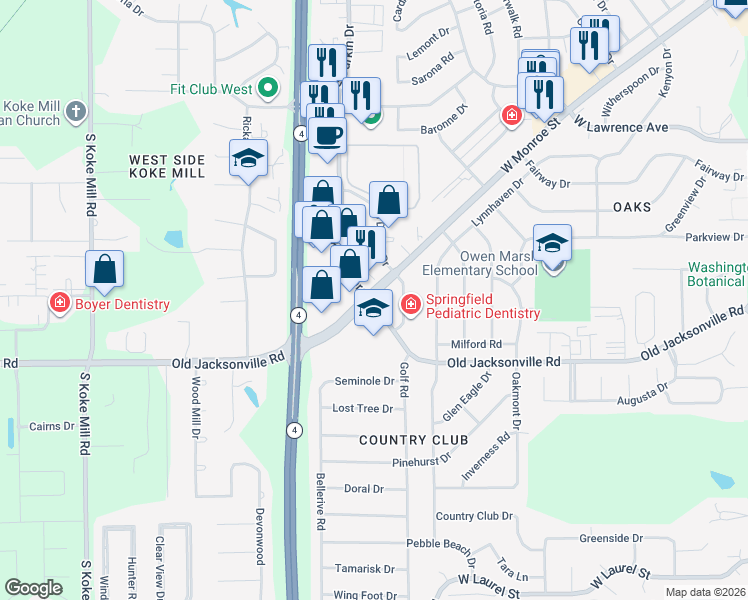 map of restaurants, bars, coffee shops, grocery stores, and more near 2676 West Monroe Street in Springfield