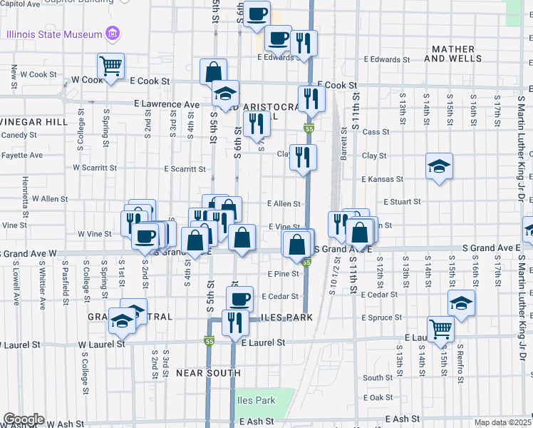 map of restaurants, bars, coffee shops, grocery stores, and more near 1201 South 8th Street in Springfield