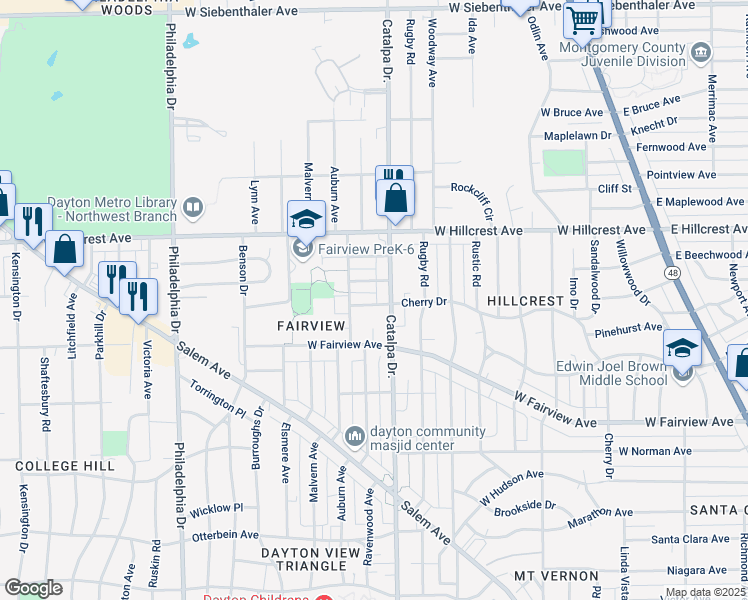 map of restaurants, bars, coffee shops, grocery stores, and more near 1019 Cherry Drive in Dayton