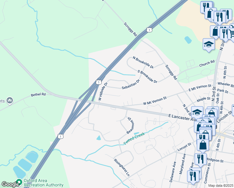 map of restaurants, bars, coffee shops, grocery stores, and more near 113 Midland Drive in Oxford
