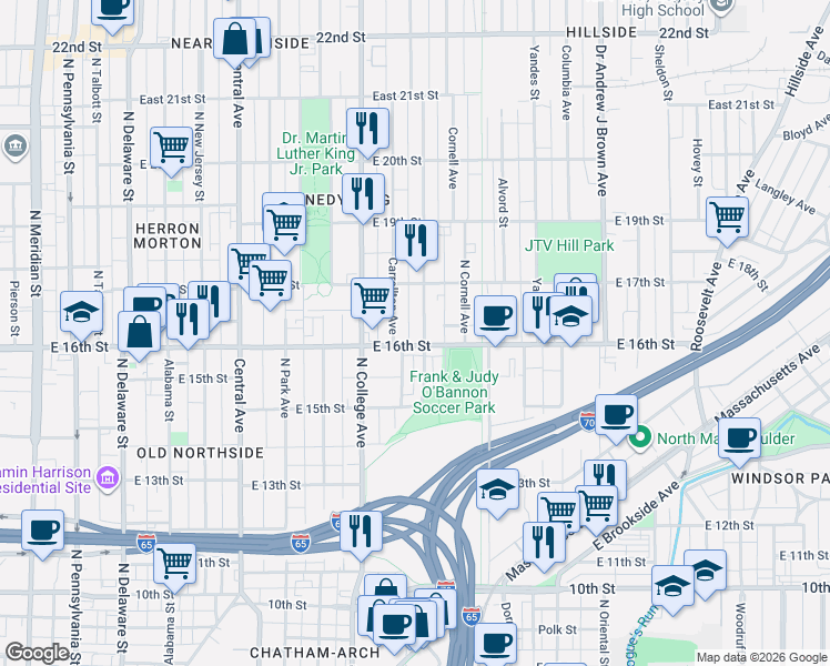 map of restaurants, bars, coffee shops, grocery stores, and more near 1615 Bellefontaine Street in Indianapolis