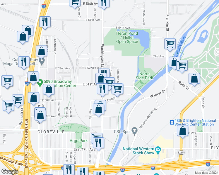 map of restaurants, bars, coffee shops, grocery stores, and more near 770 East 51st Avenue in Denver
