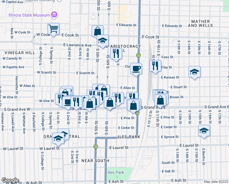 map of restaurants, bars, coffee shops, grocery stores, and more near 1209 South 7th Street in Springfield