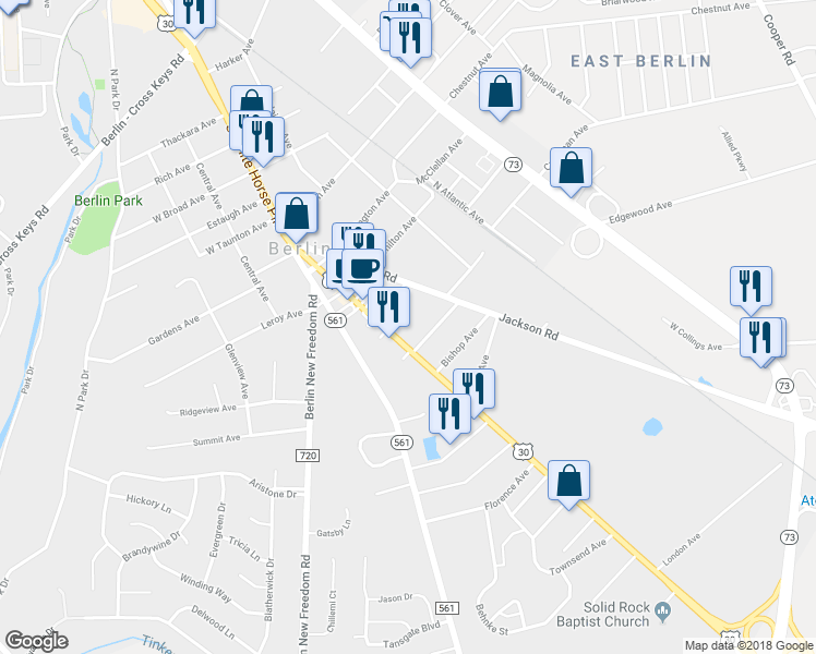 map of restaurants, bars, coffee shops, grocery stores, and more near 251 3 South White Horse Pike in Berlin