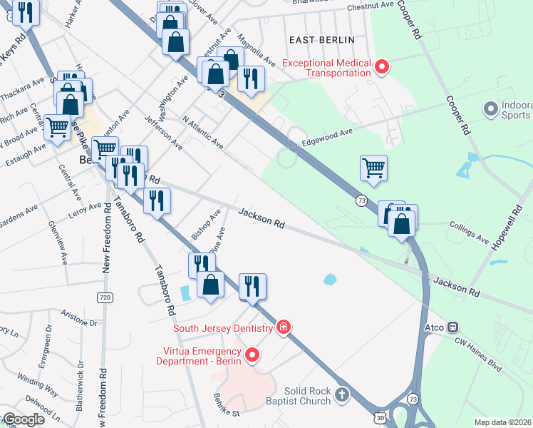 map of restaurants, bars, coffee shops, grocery stores, and more near 113 Jackson Road in Berlin