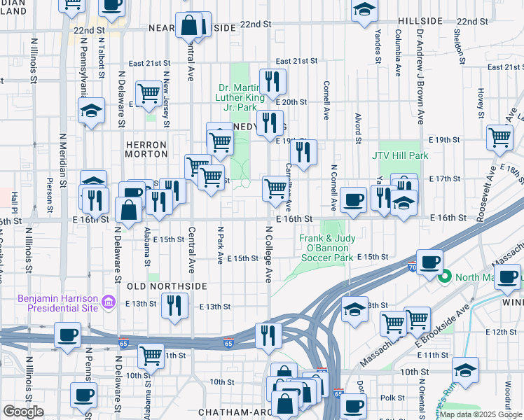 map of restaurants, bars, coffee shops, grocery stores, and more near 1602n North College Avenue in Indianapolis