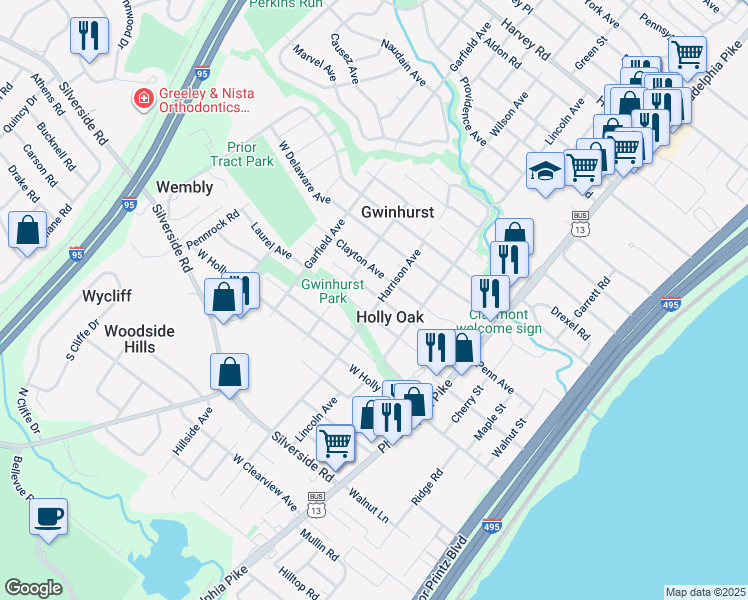 map of restaurants, bars, coffee shops, grocery stores, and more near 1905 Harrison Avenue in Wilmington