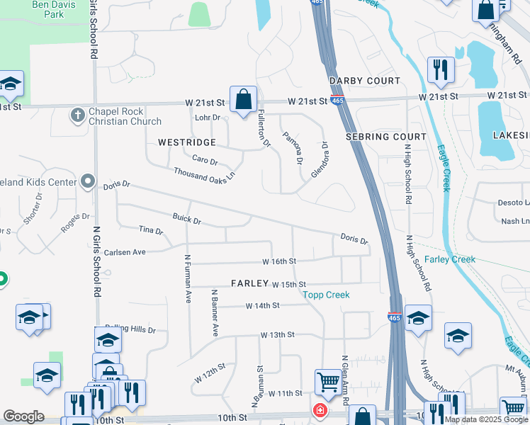 map of restaurants, bars, coffee shops, grocery stores, and more near 6732 Doris Drive in Indianapolis