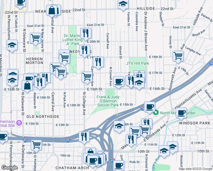 map of restaurants, bars, coffee shops, grocery stores, and more near 1615 Bellefontaine Street in Indianapolis