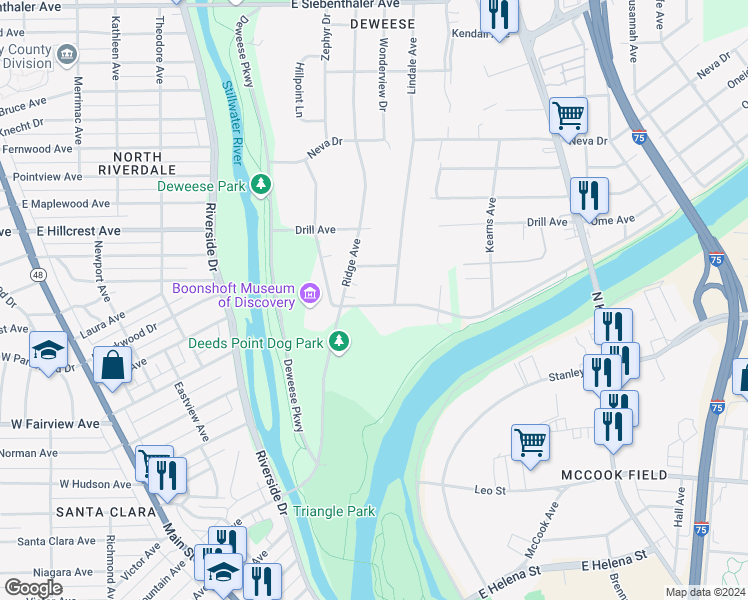 map of restaurants, bars, coffee shops, grocery stores, and more near 1739 Embury Park Road in Dayton