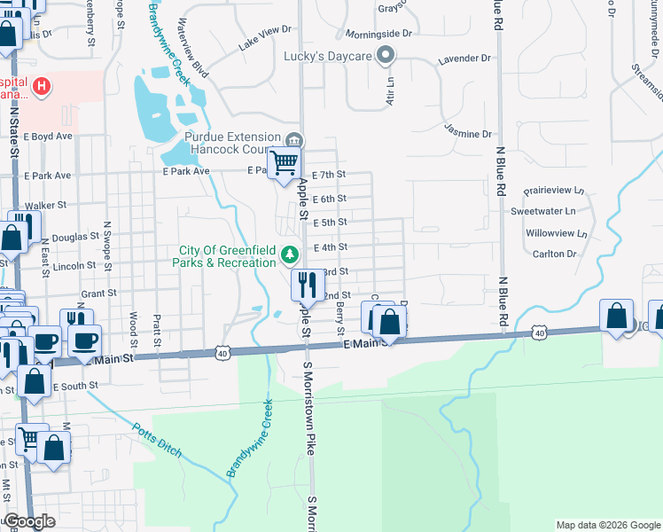 map of restaurants, bars, coffee shops, grocery stores, and more near 1032 East 3rd Street in Greenfield
