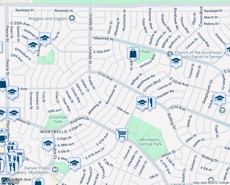 map of restaurants, bars, coffee shops, grocery stores, and more near 5060 Worchester Street in Denver