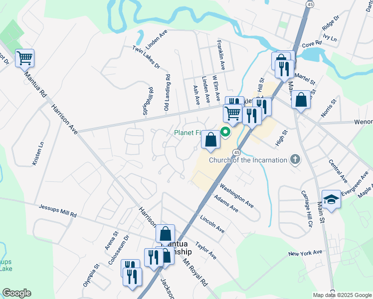 map of restaurants, bars, coffee shops, grocery stores, and more near 1276 Tristram Circle in Mantua Township