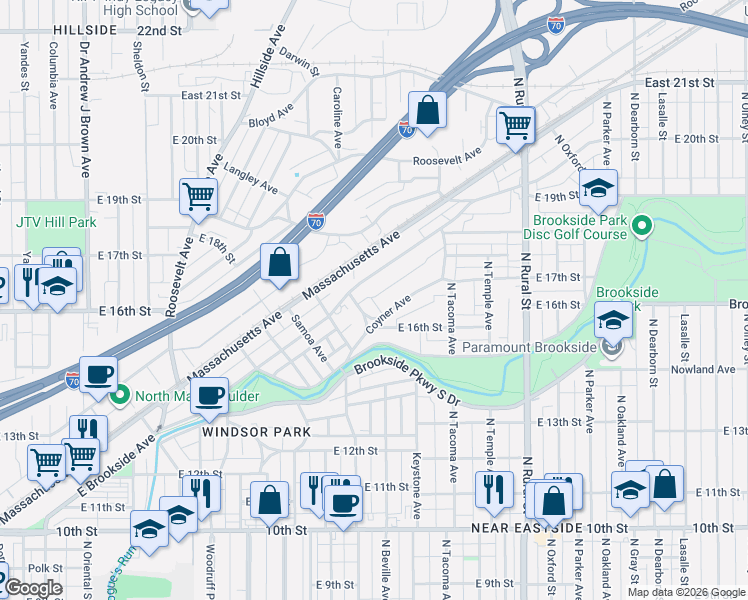 map of restaurants, bars, coffee shops, grocery stores, and more near 2320 Coyner Avenue in Indianapolis