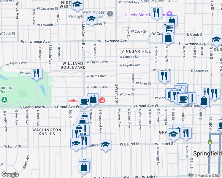 map of restaurants, bars, coffee shops, grocery stores, and more near 616 Woodland Avenue in Springfield