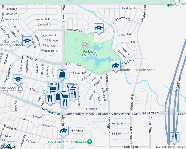 map of restaurants, bars, coffee shops, grocery stores, and more near 15665 East 51st Place in Denver