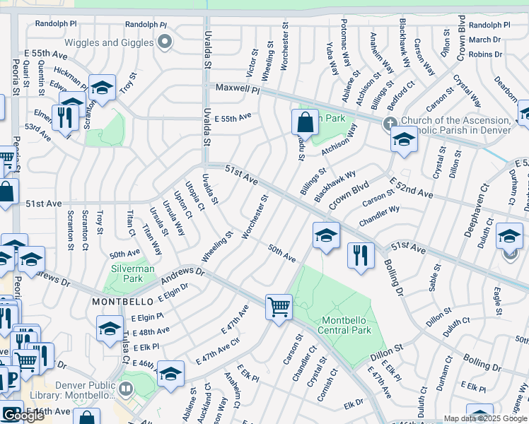 map of restaurants, bars, coffee shops, grocery stores, and more near 5060 Worchester Street in Denver