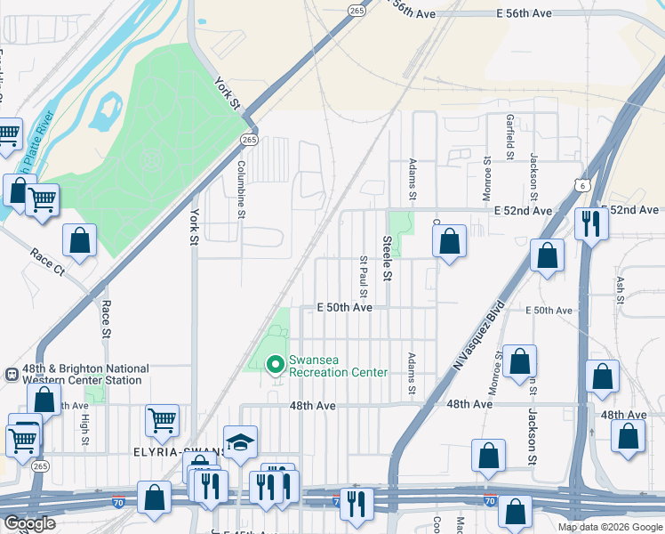 map of restaurants, bars, coffee shops, grocery stores, and more near 5094 Milwaukee Street in Denver