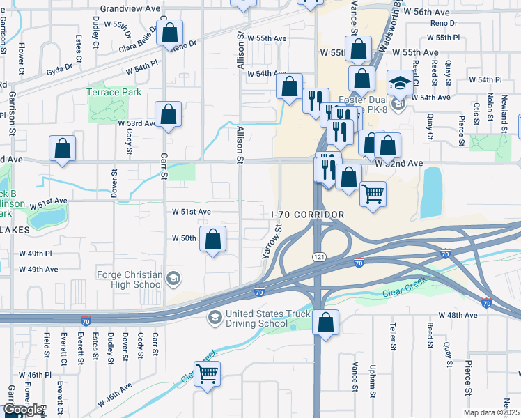 map of restaurants, bars, coffee shops, grocery stores, and more near 7995 West 51st Avenue in Arvada