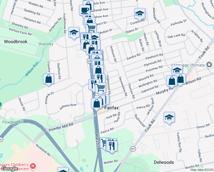 map of restaurants, bars, coffee shops, grocery stores, and more near 2002 Inglewood Road in Wilmington