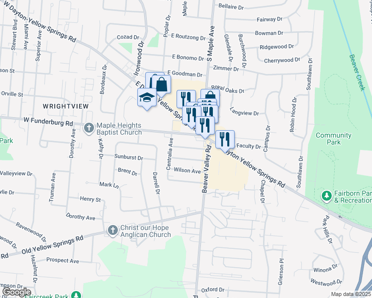map of restaurants, bars, coffee shops, grocery stores, and more near 49 Forestdale Avenue in Fairborn