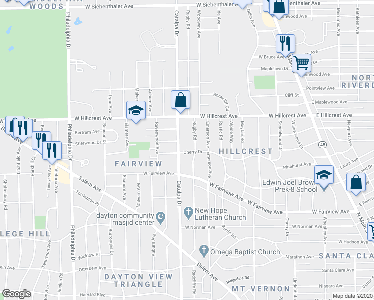 map of restaurants, bars, coffee shops, grocery stores, and more near 917 Cherry Drive in Dayton