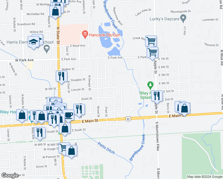 map of restaurants, bars, coffee shops, grocery stores, and more near 329 Pratt Street in Greenfield