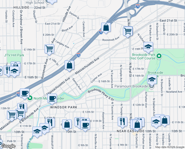 map of restaurants, bars, coffee shops, grocery stores, and more near 2320 Coyner Avenue in Indianapolis