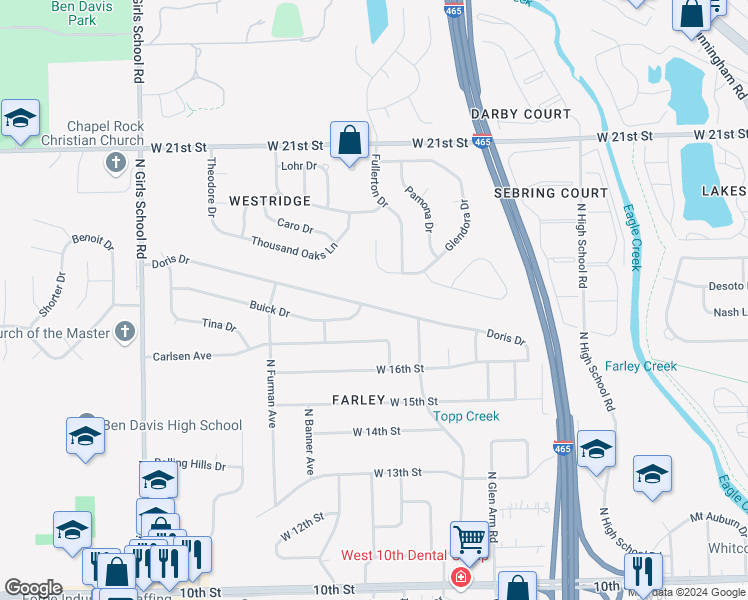 map of restaurants, bars, coffee shops, grocery stores, and more near 6732 Doris Drive in Indianapolis