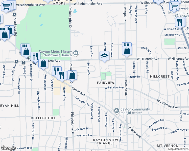 map of restaurants, bars, coffee shops, grocery stores, and more near 1249 Brentwood Drive in Dayton