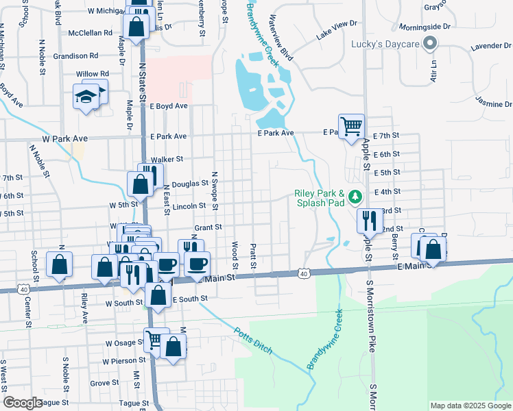 map of restaurants, bars, coffee shops, grocery stores, and more near 329 Pratt Street in Greenfield
