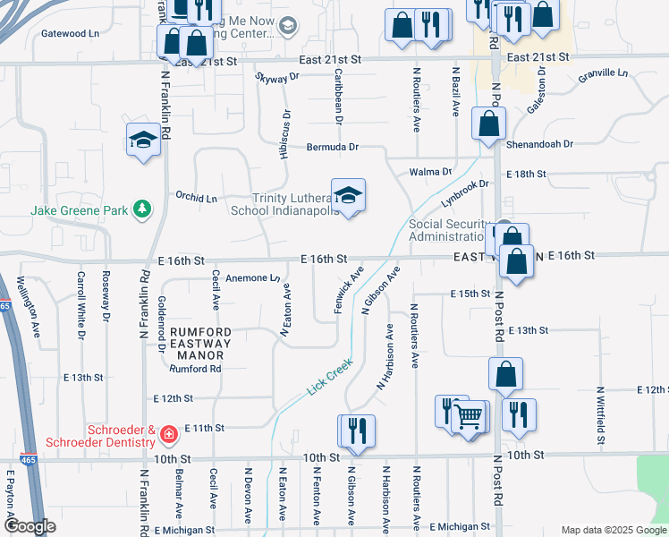 map of restaurants, bars, coffee shops, grocery stores, and more near 1518 Fenwick Court in Indianapolis