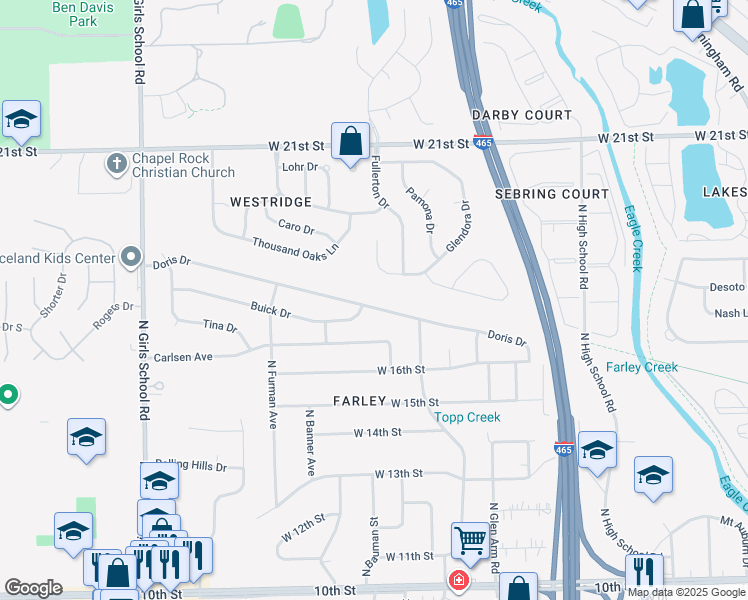 map of restaurants, bars, coffee shops, grocery stores, and more near 6732 Doris Drive in Indianapolis